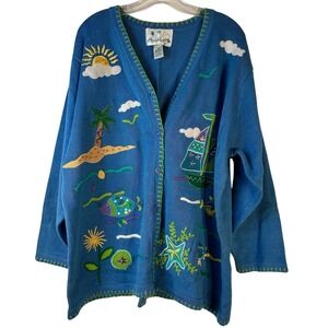 The‎ Quacker Factory Blue Tropical Nautical Embroidered Cardigan Sweater 1X
